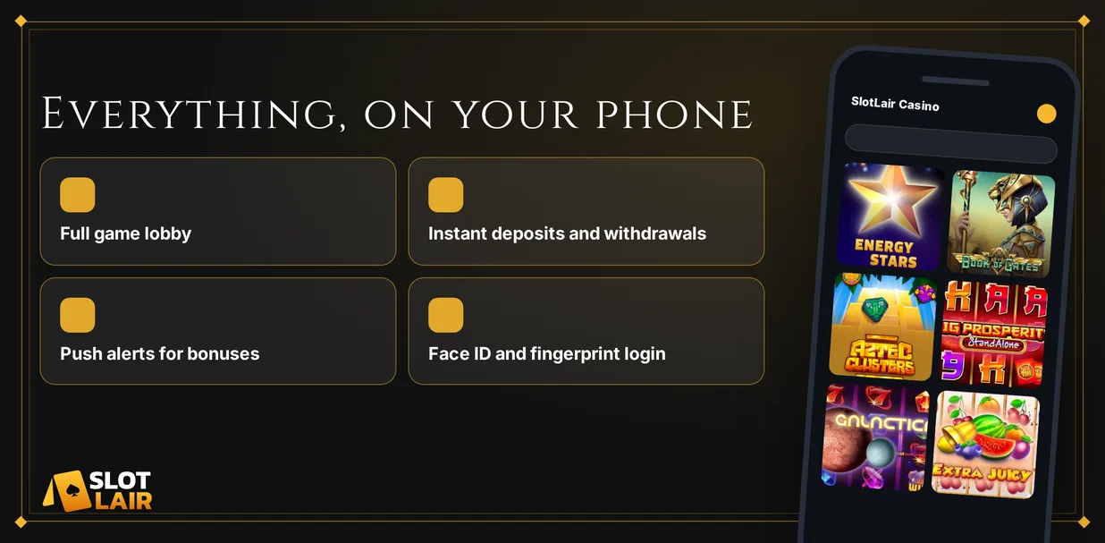 Mobile app features displayed.